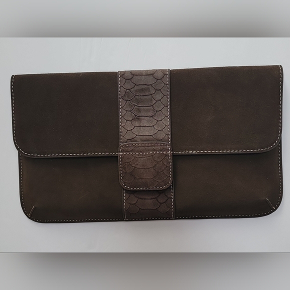 J. McLaughlin Handbags - J. McLaughlin Xena Brown Suede Leather Croc Clutch New